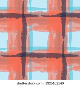 Plaid. Seamless Grunge Pattern with Hand Painted Crossing Stripes for Swimwear, Upholstery, Textile. Rustic Check Texture. Vector Seamless Plaid. Scottish Ornament