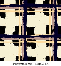 Plaid. Seamless Grunge Pattern with Hand Painted Crossing Stripes for Wallpaper, Linen, Sportswear. Rustic Check Texture. Vector Seamless Tartan. Scottish Ornament