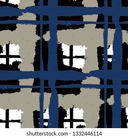Plaid. Seamless Grunge Pattern with Hand Painted Crossing Stripes for Wrapping Paper, Linen, Sportswear. Rustic Check Texture. Vector Seamless Plaid Texture.