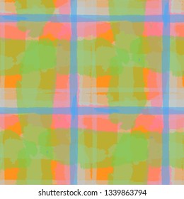 Plaid. Seamless Grunge Pattern with Hand Painted Crossing Lines for Wrapping Paper, Linen, Sportswear. Rustic Check Texture. Vector Seamless Plaid. Scottish Ornament