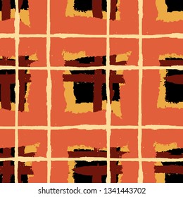 Plaid. Seamless Grunge Pattern with Hand Painted Crossing Brush Strokes for Wrapping Paper, Linen, Sportswear. Rustic Check Texture. Vector Seamless Plaid. Scottish Ornament