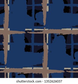 Plaid. Seamless Grunge Pattern with Hand Painted Crossing Lines for Print, Linen, Cloth. Rustic Check Texture. Vector Seamless Kilt Texture.