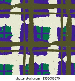 Plaid. Seamless Grunge Pattern with Hand Painted Crossing Brush Strokes for Print, Upholstery, Textile. Rustic Check Texture. Vector Seamless Tartan.