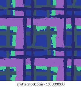 Plaid. Seamless Grunge Pattern with Hand Painted Crossing Lines for Swimwear, Upholstery, Textile. Rustic Check Texture. Vector Seamless Plaid. Scottish Ornament