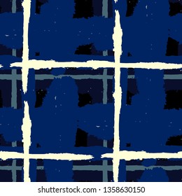 Plaid. Seamless Grunge Pattern with Hand Painted Crossing Brush Strokes for Print, Linen, Cloth. Rustic Check Texture. Vector Seamless Tartan. Scottish Ornament