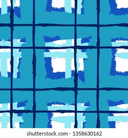 Plaid. Seamless Grunge Pattern with Hand Painted Crossing Brush Strokes for Print, Upholstery, Cloth. Rustic Check Texture. Vector Seamless Kilt Texture. Scottish Ornament