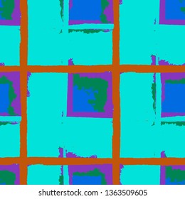 Plaid. Seamless Grunge Pattern with Hand Painted Crossing Brush Strokes for Wallpaper, Linen, Sportswear. Rustic Check Texture. Vector Seamless Tartan. Scottish Ornament