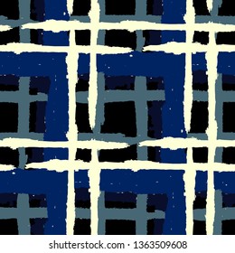 Plaid. Seamless Grunge Pattern with Hand Painted Crossing Stripes for Wallpaper, Linen, Sportswear. Rustic Check Texture. Vector Seamless Tartan. Scottish Ornament