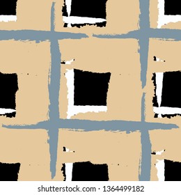 Plaid. Seamless Grunge Pattern with Hand Painted Crossing Lines for Print, Upholstery, Textile. Rustic Check Texture. Vector Seamless Plaid Texture.