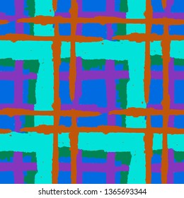 Plaid. Seamless Grunge Pattern with Hand Painted Crossing Stripes for Print, Upholstery, Cloth. Rustic Check Texture. Vector Seamless Plaid Texture.