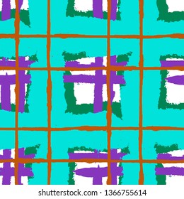 Plaid. Seamless Grunge Pattern with Hand Painted Crossing Brush Strokes for Swimwear, Fabric, Textile. Rustic Check Texture. Vector Seamless Kilt Texture.