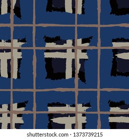 Plaid. Seamless Grunge Pattern with Hand Painted Crossing Stripes for Wallpaper, Linen, Sportswear. Rustic Check Texture. Vector Seamless Kilt Texture. Scottish Ornament