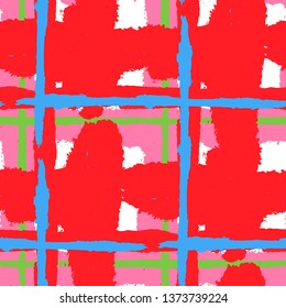 Plaid. Seamless Grunge Pattern with Hand Painted Crossing Brush Strokes for Swimwear, Upholstery, Textile. Rustic Check Texture. Vector Seamless Kilt Texture.