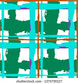 Plaid. Seamless Grunge Pattern with Hand Painted Crossing Brush Strokes for Print, Upholstery, Cloth. Rustic Check Texture. Vector Seamless Plaid. Scottish Ornament