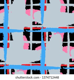 Plaid. Seamless Grunge Pattern with Hand Painted Crossing Lines for Print, Upholstery, Textile. Rustic Check Texture. Vector Seamless Kilt Texture. Scottish Ornament