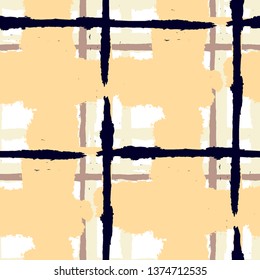 Plaid. Seamless Grunge Pattern with Hand Painted Crossing Lines for Wallpaper, Linen, Sportswear. Rustic Check Texture. Vector Seamless Tartan. Scottish Ornament