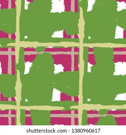 Plaid. Seamless Grunge Pattern with Hand Painted Crossing Stripes for Wrapping Paper, Linen, Sportswear. Rustic Check Texture. Vector Seamless Plaid. Scottish Ornament