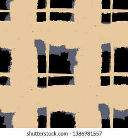 Plaid. Seamless Grunge Pattern with Hand Painted Crossing Brush Strokes for Wallpaper, Linen, Sportswear. Rustic Check Texture. Vector Seamless Tartan.