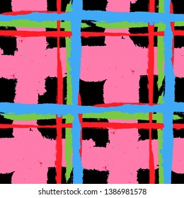 Plaid. Seamless Grunge Pattern with Hand Painted Crossing Stripes for Wallpaper, Linen, Cloth. Rustic Check Texture. Vector Seamless Tartan.