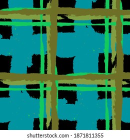 Plaid. Seamless Grunge Pattern with Hand Painted Crossing Stripes for Print, Upholstery, Cloth. Rustic Check Texture. Vector Seamless Kilt Texture. Scottish Ornament