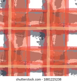 Plaid. Seamless Grunge Pattern with Hand Painted Crossing Brush Strokes for Print, Upholstery, Cloth. Rustic Check Texture. Vector Seamless Tartan. Scottish Ornament