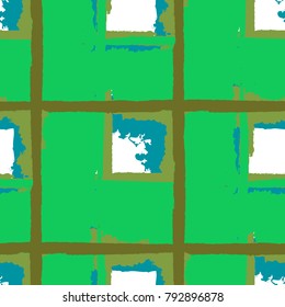 Plaid. Seamless Grunge Pattern with Hand Painted Crossing Stripes for Wallpaper, Linen, Sportswear. Rustic Check Texture. Vector Seamless Plaid Texture.