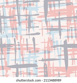 Plaid. Seamless Grunge spring Stripes. Abstract Texture with Horizontal and Vertical Dry Brush Strokes. Scribbled Grunge Motif for Chintz, Linen, Paper. Scottish Ornament. Vector Texture.