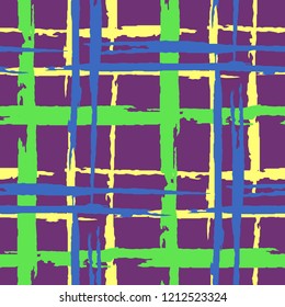 Plaid. Seamless Grunge Stripes. Abstract Texture with Horizontal and Vertical Dry Brush Strokes. Scribbled Grunge Motif for Chintz, Linen, Paper. Scottish Ornament. Vector Texture.