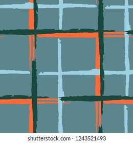 Plaid. Seamless Grunge Stripes. Abstract Texture with Horizontal and Vertical Brush Strokes. Scribbled Grunge Rapport for Wallpaper, Cotton, Textile. Irish Ornament. Vector Texture.