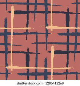 Plaid. Seamless Grunge Stripes. Abstract Texture with Horizontal and Vertical Dry Brush Strokes. Scribbled Grunge Motif for Chintz, Linen, Wallpaper. Irish Ornament. Vector Texture.