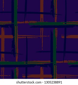 Plaid. Seamless Grunge Stripes. Abstract Texture with Horizontal and Vertical Dry Brush Strokes. Scribbled Grunge Motif for Chintz, Linen, Paper. Scottish Motiff. Vector Texture.