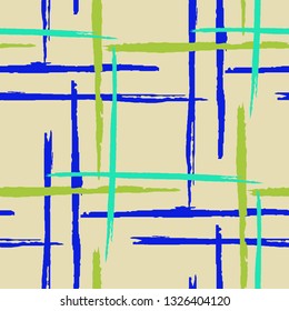 Plaid. Seamless Grunge Stripes. Abstract Texture with Horizontal and Vertical Brush Strokes. Scribbled Grunge Motif for Dress, Curtain, Tablecloth. Scottish Motiff. Vector Texture.