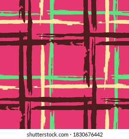 Plaid. Seamless Grunge Stripes. Abstract Texture with Horizontal and Vertical Brush Strokes. Scribbled Grunge Pattern for Dress, Curtain, Paper. Scottish Motiff. Vector Texture.