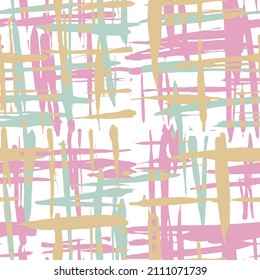 Plaid. Seamless Grunge Stripes. Abstract Texture with Horizontal and Vertical Dry Brush Strokes. Scribbled Grunge Motif for Chintz, Linen, Paper. Scottish Ornament. Vector Texture.