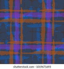 Plaid. Seamless Grunge Texture with Hand Painted Crossing Brush Strokes for Wallpaper, Linen, Sportswear. Rustic Check Texture. Vector Seamless Kilt Texture.