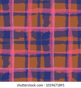 Plaid. Seamless Grunge Texture with Hand Painted Crossing Stripes for Swimwear, Upholstery, Textile. Rustic Check Texture. Vector Seamless Tartan.