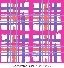 Plaid. Seamless Grunge Texture with Hand Painted Crossing Brush Strokes for Swimwear, Fabric, Textile. Rustic Check Texture. Vector Seamless Tartan.