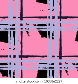 Plaid. Seamless Grunge Texture with Hand Painted Crossing Stripes for Swimwear, Upholstery, Textile. Rustic Check Texture. Vector Seamless Plaid. Scottish 
Ornament