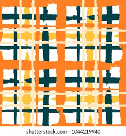 Plaid. Seamless Grunge Texture with Hand Painted Crossing Stripes for Swimwear, Upholstery, Textile. Rustic Check Texture. Vector Seamless Tartan. Scottish 
Ornament