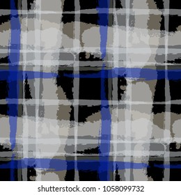 Plaid. Seamless Grunge Texture with Hand Painted Crossing Lines for Swimwear, Upholstery, Textile. Rustic Check Texture. Vector Seamless Tartan.