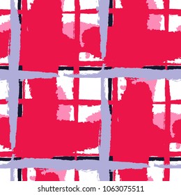 Plaid. Seamless Grunge Texture with Hand Painted Crossing Lines for Swimwear, Fabric, Textile. Rustic Check Texture. Vector Seamless Tartan.