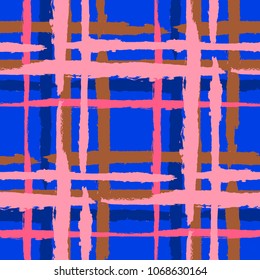 Plaid. Seamless Grunge Texture with Hand Painted Crossing Stripes for Wrapping Paper, Linen, Sportswear. Rustic Check Texture. Vector Seamless Plaid Texture.