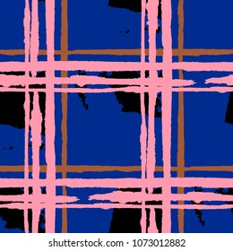Plaid. Seamless Grunge Texture with Hand Painted Crossing Brush Strokes for Wrapping Paper, Linen, Sportswear. Rustic Check Texture. Vector Seamless Tartan.