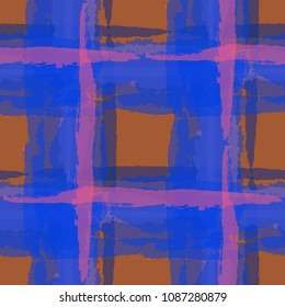 Plaid. Seamless Grunge Texture with Hand Painted Crossing Stripes for Print, Upholstery, Cloth. Rustic Check Texture. Vector Seamless Tartan. Scottish 
Ornament