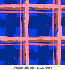 Plaid. Seamless Grunge Texture with Hand Painted Crossing Lines for Wallpaper, Linen, Sportswear. Rustic Check Texture. Vector Seamless Kilt Texture.