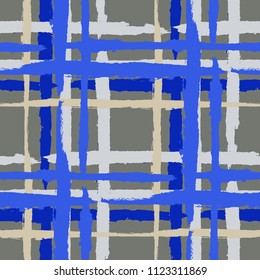 Plaid. Seamless Grunge Texture with Hand Painted Crossing Brush Strokes for Print, Upholstery, Cloth. Rustic Check Texture. Vector Seamless Plaid Texture.