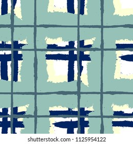 Plaid. Seamless Grunge Texture with Hand Painted Crossing Lines for Swimwear, Fabric, Textile. Rustic Check Texture. Vector Seamless Plaid. Scottish 
Ornament
