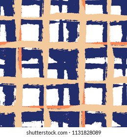 Plaid. Seamless Grunge Texture with Hand Painted Crossing Stripes for Wallpaper, Linen, Sportswear. Rustic Check Texture. Vector Seamless Tartan.
