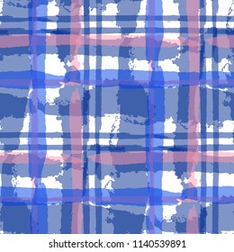 Plaid. Seamless Grunge Texture with Hand Painted Crossing Lines for Wallpaper, Linen, Sportswear. Rustic Check Texture. Vector Seamless Tartan. Scottish 
Ornament