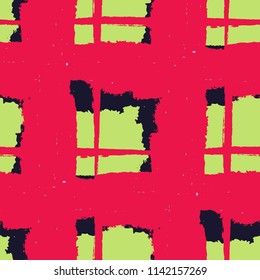 Plaid. Seamless Grunge Texture with Hand Painted Crossing Lines for Wrapping Paper, Linen, Sportswear. Rustic Check Texture. Vector Seamless Kilt Texture.